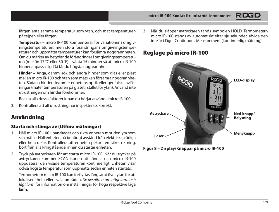 Reglage på micro ir-100, Användning | RIDGID micro IR-100 User Manual | Page 111 / 312