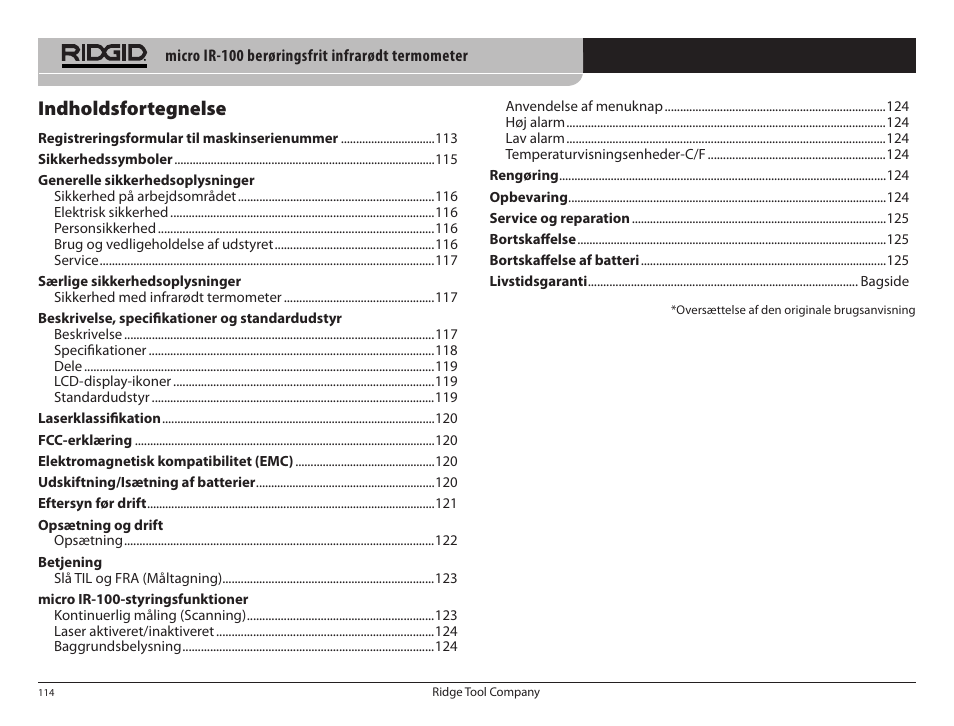 Indholdsfortegnelse | RIDGID micro IR-100 User Manual | Page 116 / 312