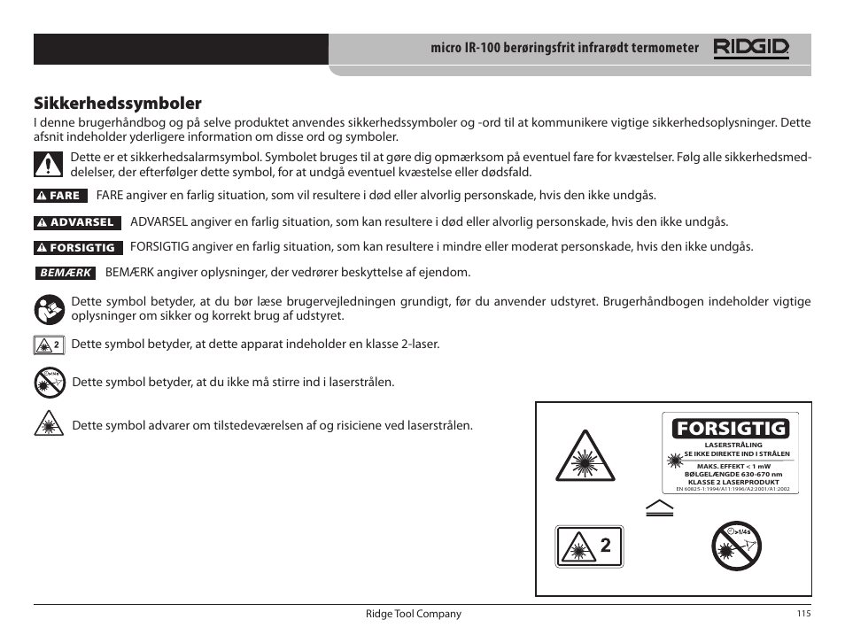 Forsigtig, Sikkerhedssymboler, Micro ir­100 berøringsfrit infrarødt termometer | RIDGID micro IR-100 User Manual | Page 117 / 312