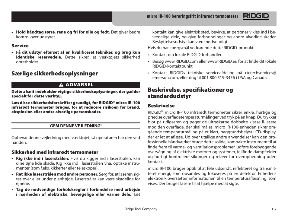 Særlige sikkerhedsoplysninger, Beskrivelse, specifikationer og standardudstyr | RIDGID micro IR-100 User Manual | Page 119 / 312
