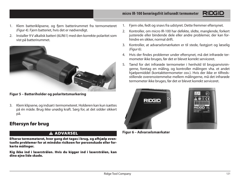 Eftersyn før brug | RIDGID micro IR-100 User Manual | Page 123 / 312