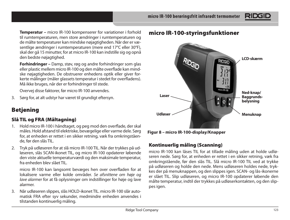 Micro ir-100-styringsfunktioner, Betjening | RIDGID micro IR-100 User Manual | Page 125 / 312