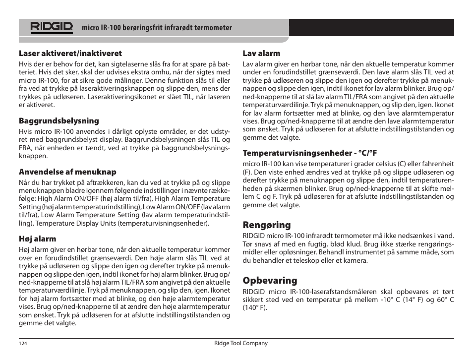 Rengøring, Opbevaring | RIDGID micro IR-100 User Manual | Page 126 / 312