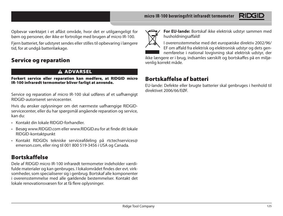 Service og reparation, Bortskaffelse, Bortskaffelse af batteri | RIDGID micro IR-100 User Manual | Page 127 / 312