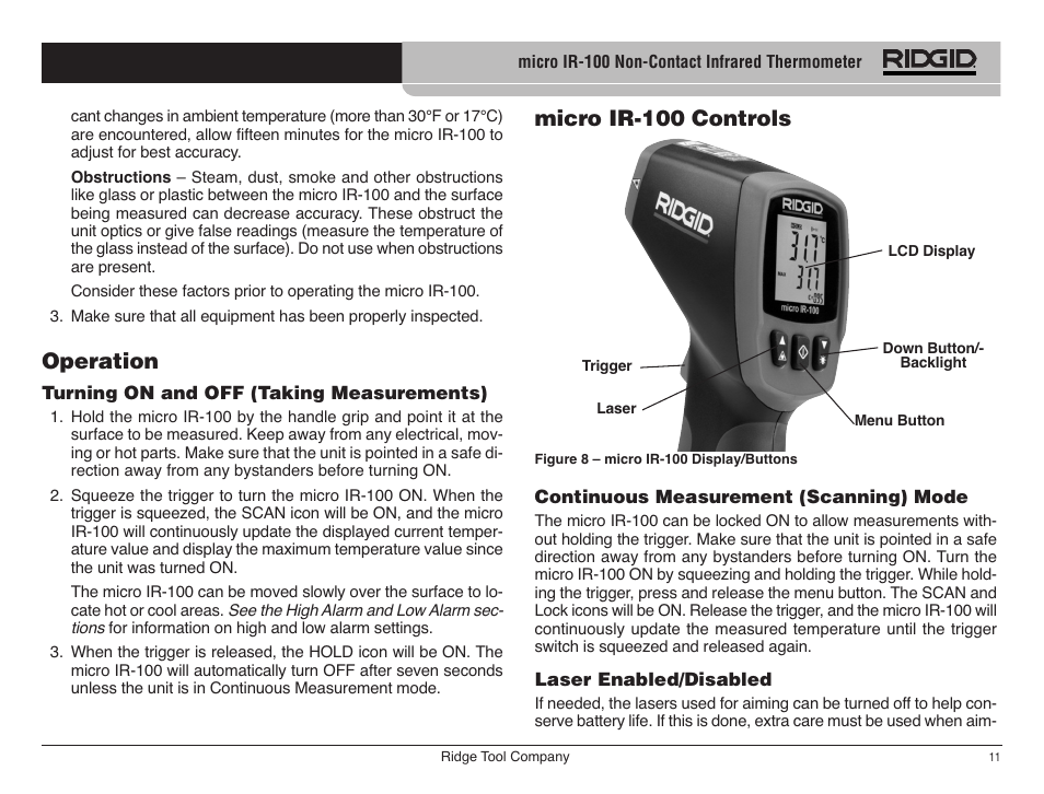 Micro ir-100 controls, Operation | RIDGID micro IR-100 User Manual | Page 13 / 312