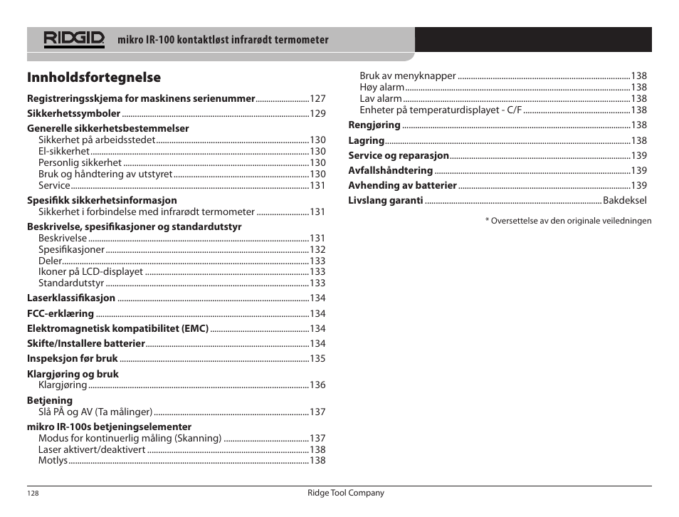 Innholdsfortegnelse | RIDGID micro IR-100 User Manual | Page 130 / 312