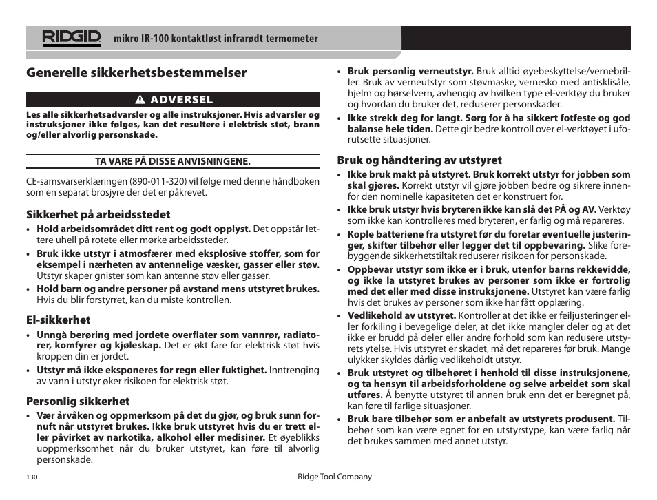 Generelle sikkerhetsbestemmelser | RIDGID micro IR-100 User Manual | Page 132 / 312