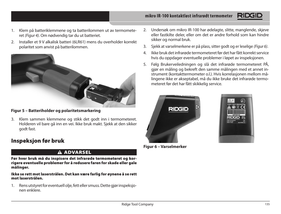 Inspeksjon før bruk | RIDGID micro IR-100 User Manual | Page 137 / 312