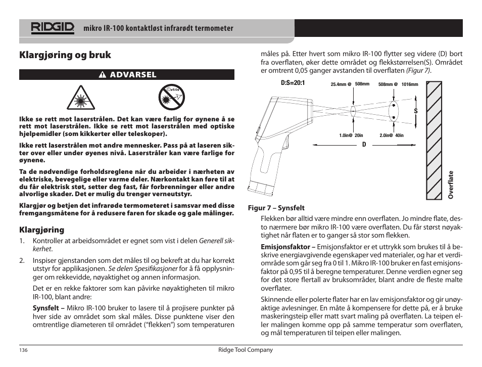 Klargjøring og bruk | RIDGID micro IR-100 User Manual | Page 138 / 312