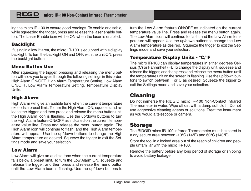 Cleaning, Storage | RIDGID micro IR-100 User Manual | Page 14 / 312