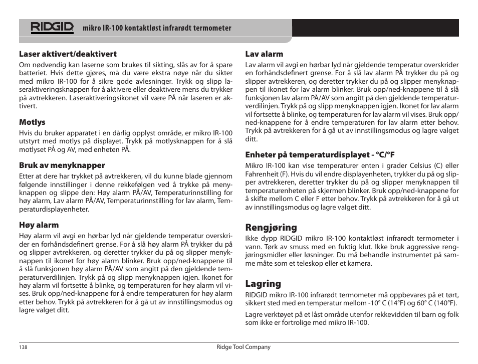 Rengjøring, Lagring | RIDGID micro IR-100 User Manual | Page 140 / 312