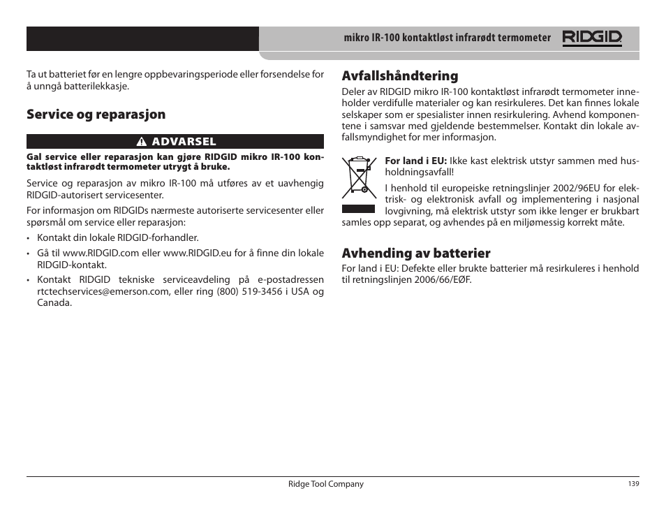 Service og reparasjon, Avfallshåndtering, Avhending av batterier | RIDGID micro IR-100 User Manual | Page 141 / 312