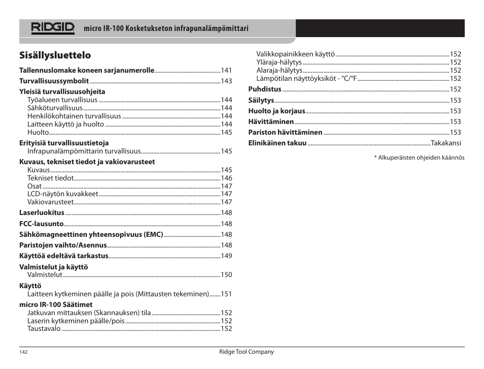 Sisällysluettelo | RIDGID micro IR-100 User Manual | Page 144 / 312