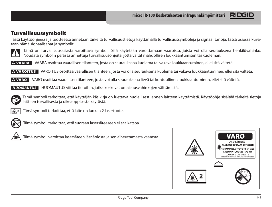 Varo, Turvallisuussymbolit | RIDGID micro IR-100 User Manual | Page 145 / 312