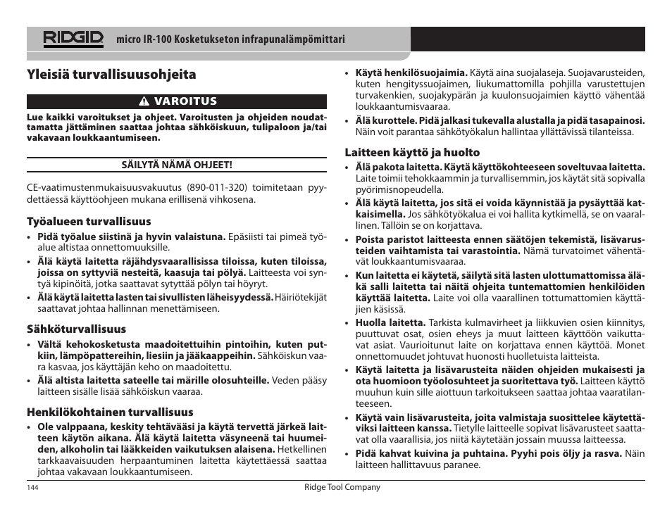 Yleisiä turvallisuusohjeita | RIDGID micro IR-100 User Manual | Page 146 / 312