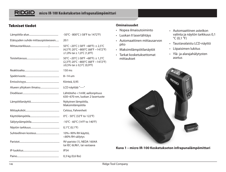 Micro ir-100 kosketukseton infrapunalämpömittari, Tekniset tiedot | RIDGID micro IR-100 User Manual | Page 148 / 312