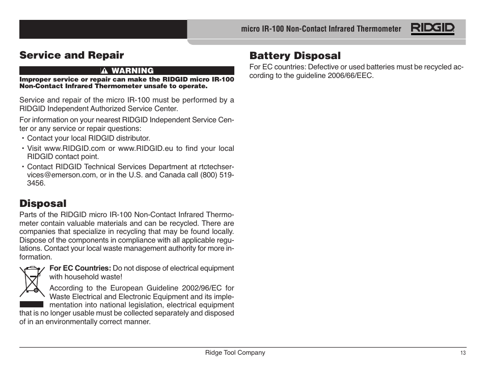 Service and repair, Disposal, Battery disposal | RIDGID micro IR-100 User Manual | Page 15 / 312