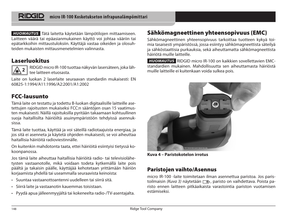 Laserluokitus, Fcc-lausunto, Sähkömagneettinen yhteensopivuus (emc) | Paristojen vaihto/asennus | RIDGID micro IR-100 User Manual | Page 150 / 312