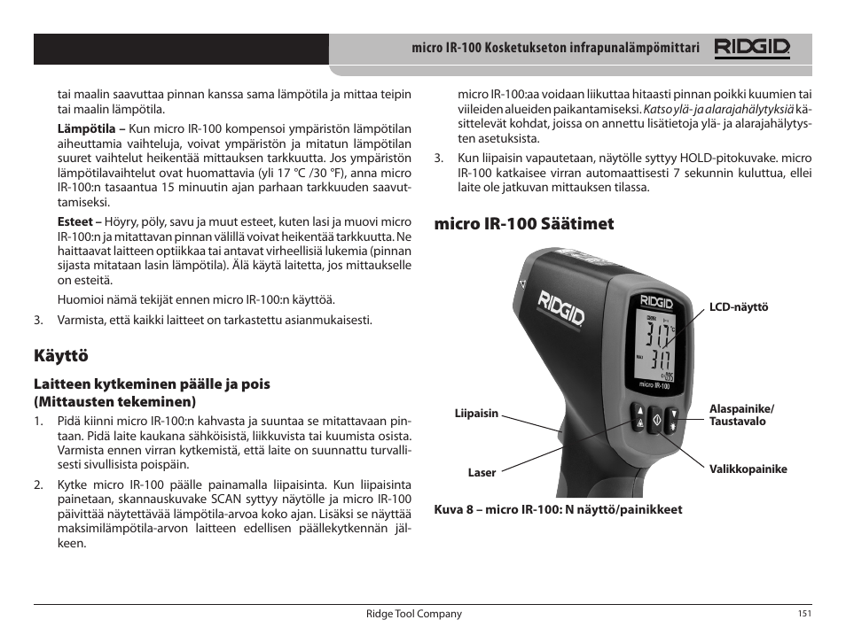 Micro ir-100 säätimet, Käyttö | RIDGID micro IR-100 User Manual | Page 153 / 312