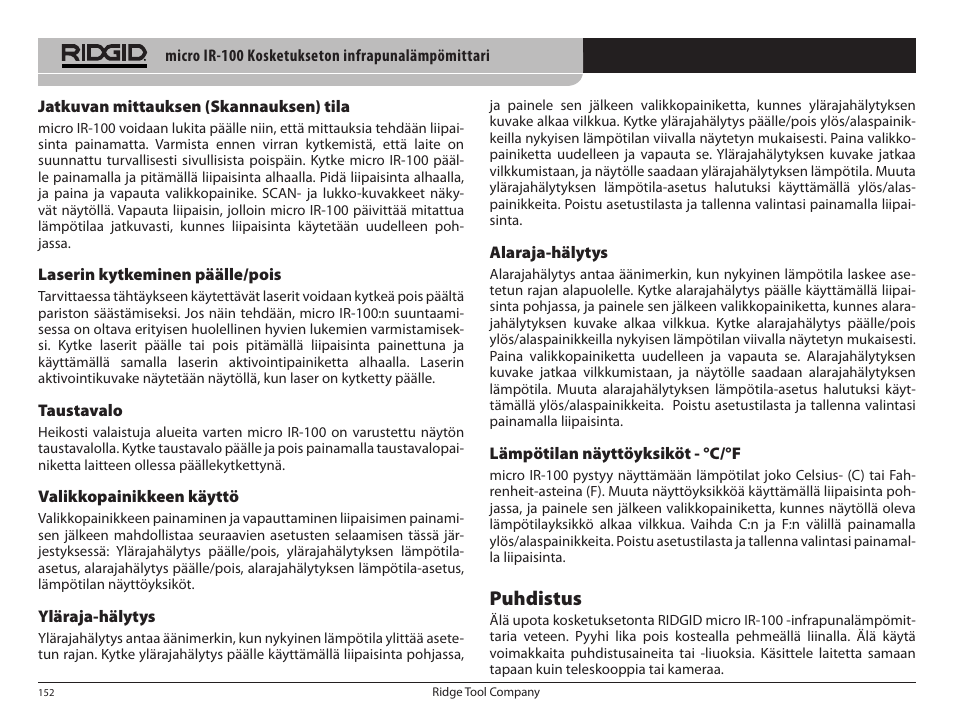 Puhdistus | RIDGID micro IR-100 User Manual | Page 154 / 312