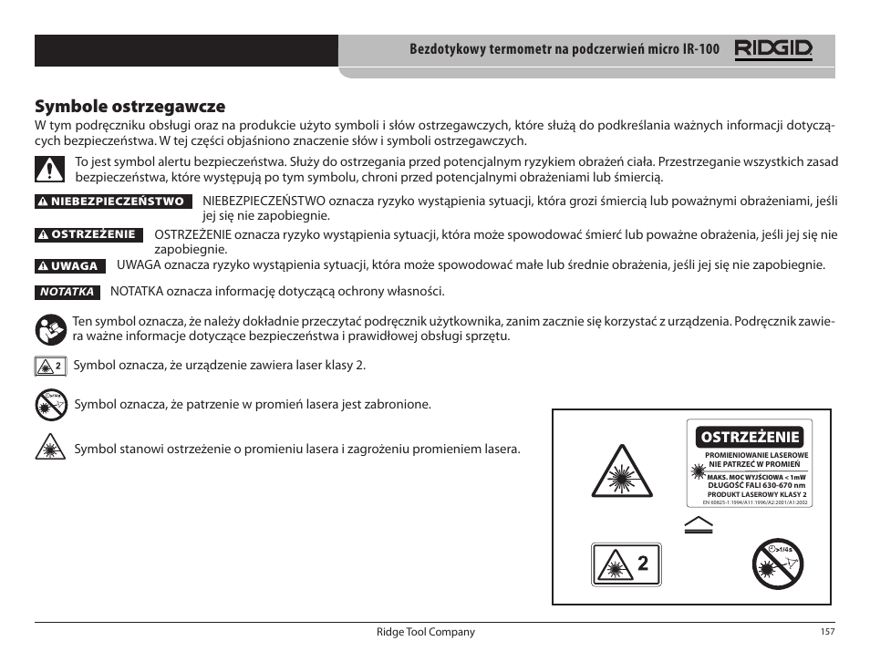 Symbole ostrzegawcze, Ostrzeżenie | RIDGID micro IR-100 User Manual | Page 159 / 312