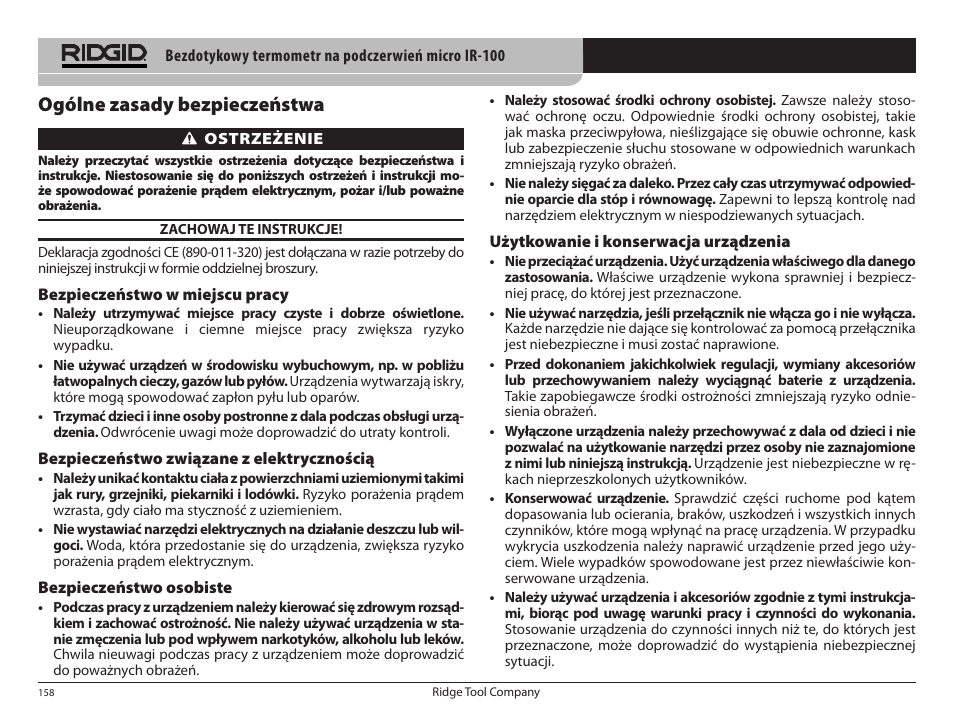Ogólne zasady bezpieczeństwa | RIDGID micro IR-100 User Manual | Page 160 / 312