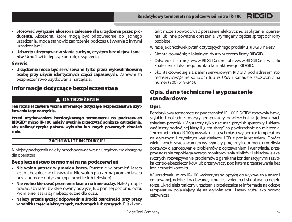 Informacje dotyczące bezpieczeństwa, Opis, dane techniczne i wyposażenie standardowe | RIDGID micro IR-100 User Manual | Page 161 / 312