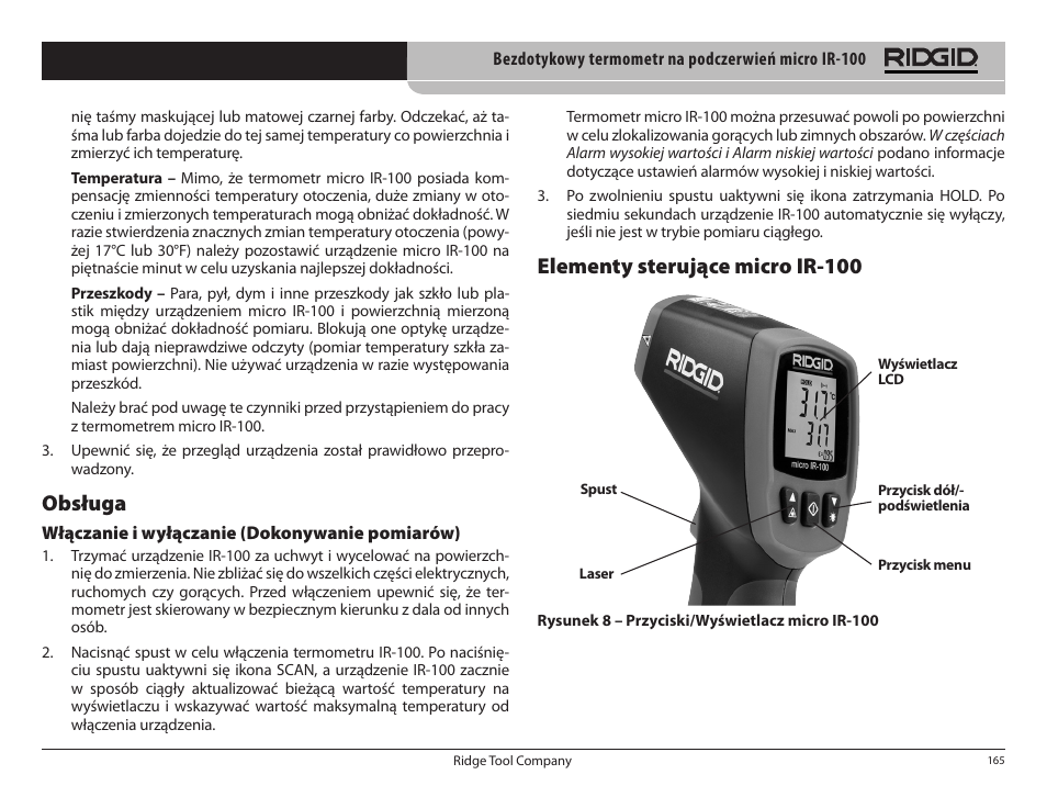 Elementy sterujące micro ir-100, Obsługa | RIDGID micro IR-100 User Manual | Page 167 / 312