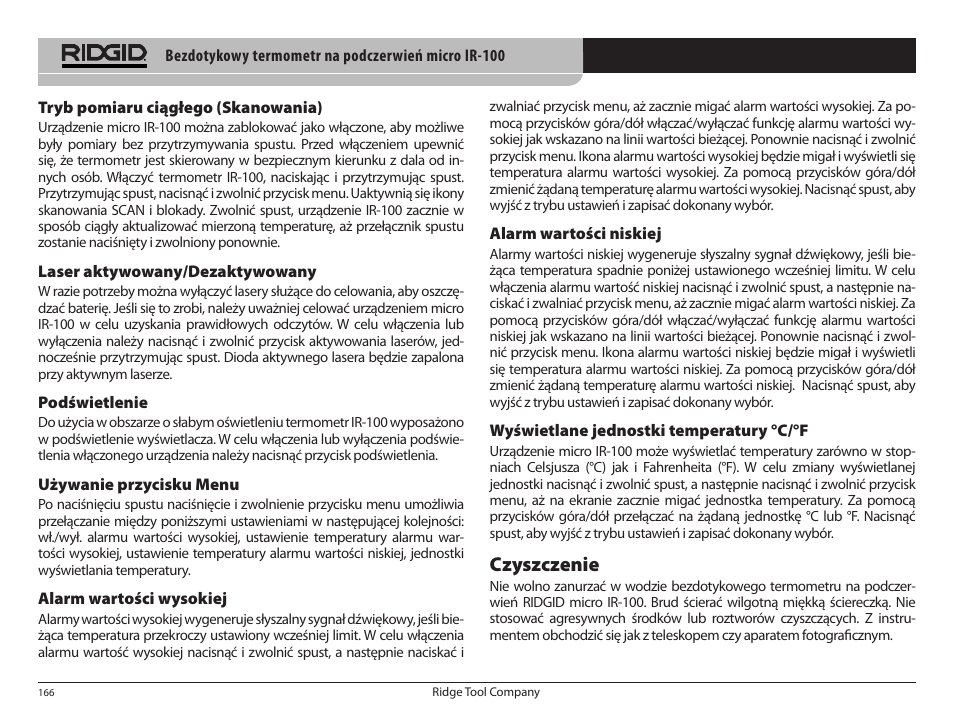 Czyszczenie | RIDGID micro IR-100 User Manual | Page 168 / 312