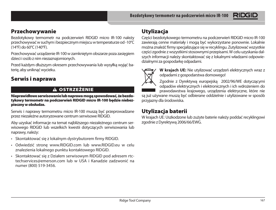 Przechowywanie, Serwis i naprawa, Utylizacja | Utylizacja baterii | RIDGID micro IR-100 User Manual | Page 169 / 312