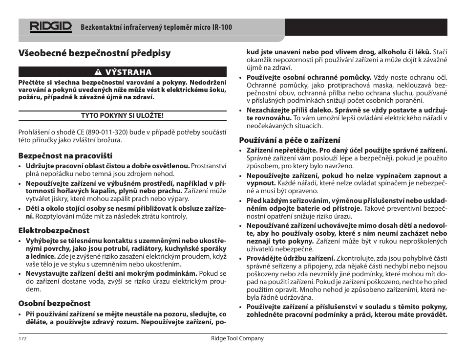 Všeobecné bezpečnostní předpisy | RIDGID micro IR-100 User Manual | Page 174 / 312