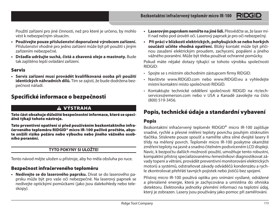 Specifické informace o bezpečnosti, Popis, technické údaje a standardní vybavení | RIDGID micro IR-100 User Manual | Page 175 / 312