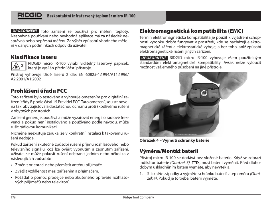 Klasifikace laseru, Prohlášení úřadu fcc, Elektromagnetická kompatibilita (emc) | Výměna/montáž baterií | RIDGID micro IR-100 User Manual | Page 178 / 312