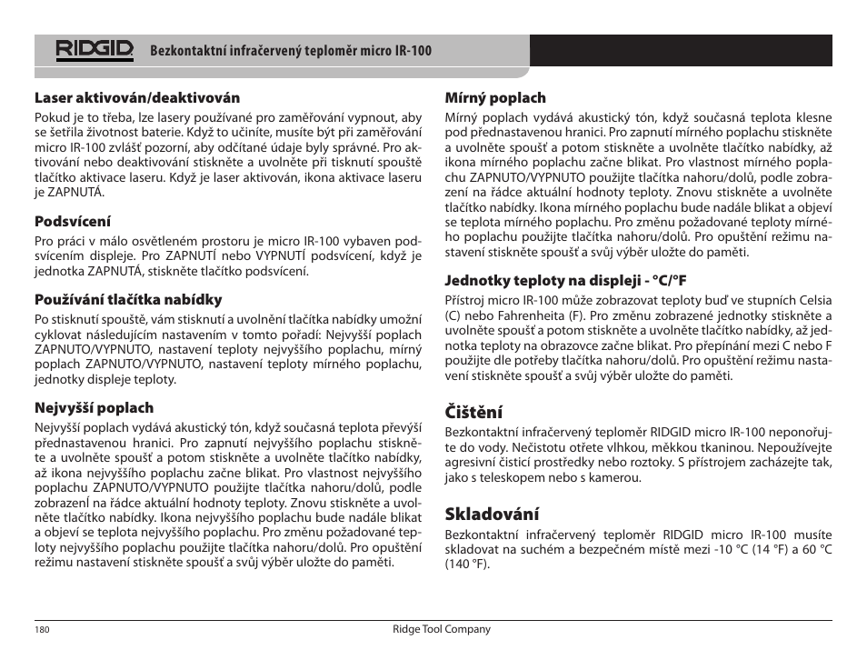 Čištění, Skladování | RIDGID micro IR-100 User Manual | Page 182 / 312