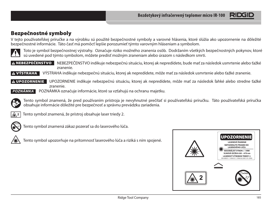 Bezpečnostné symboly, Bezdotykový infračervený teplomer micro ir­100, Upozornenie | RIDGID micro IR-100 User Manual | Page 187 / 312