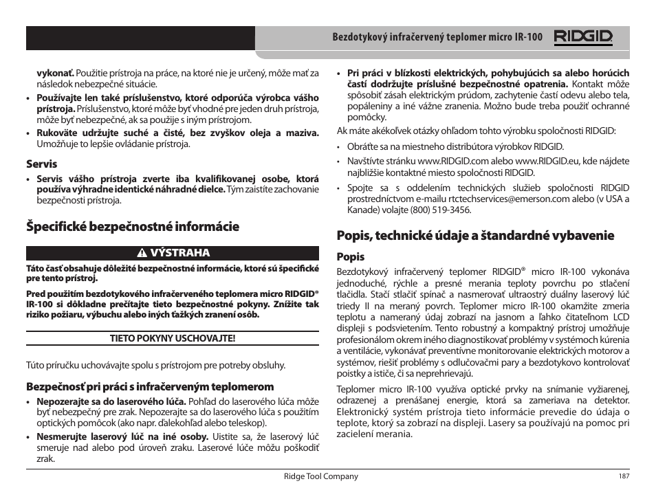 Špecifické bezpečnostné informácie, Popis, technické údaje a štandardné vybavenie | RIDGID micro IR-100 User Manual | Page 189 / 312