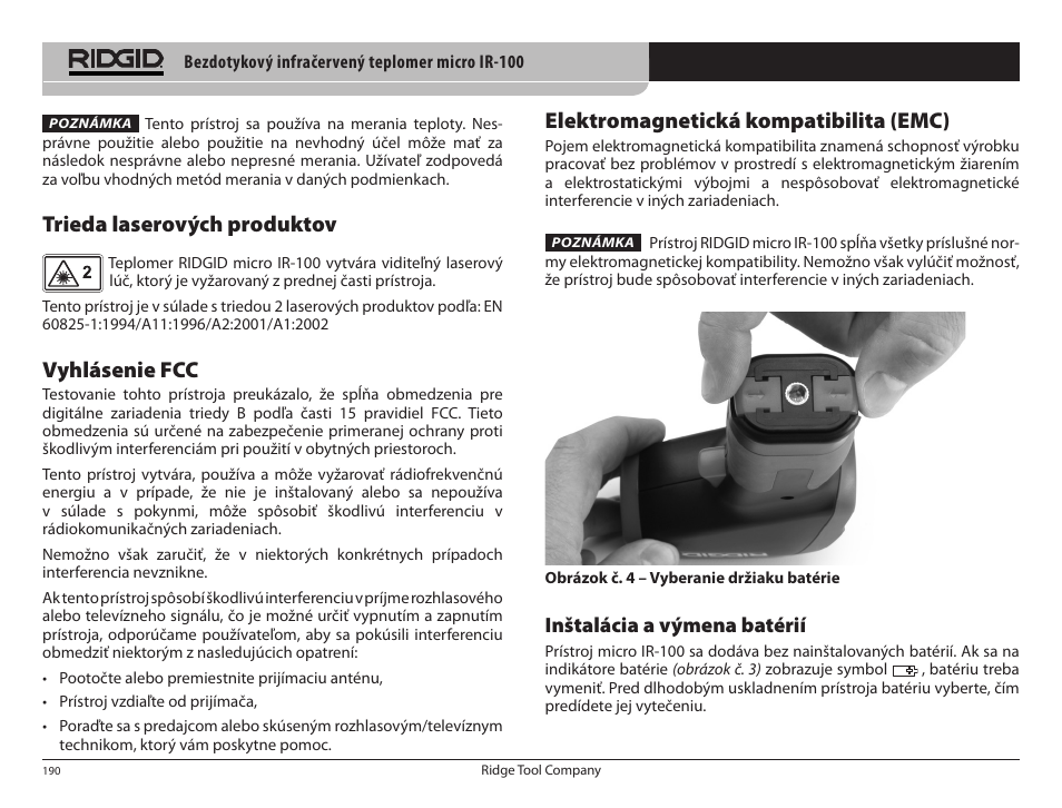 Trieda laserových produktov, Vyhlásenie fcc, Elektromagnetická kompatibilita (emc) | Inštalácia a výmena batérií | RIDGID micro IR-100 User Manual | Page 192 / 312