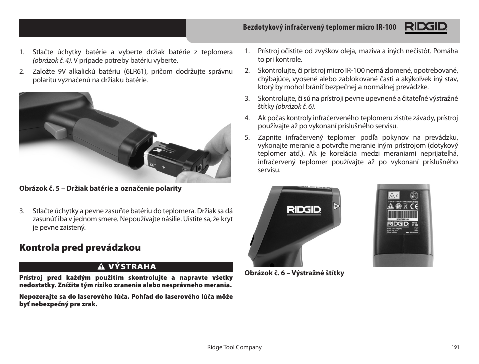 Kontrola pred prevádzkou | RIDGID micro IR-100 User Manual | Page 193 / 312