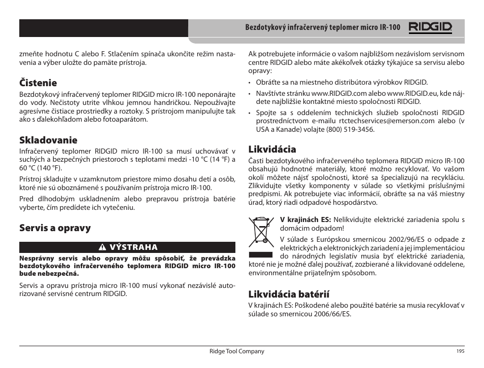 Čistenie, Skladovanie, Servis a opravy | Likvidácia, Likvidácia batérií | RIDGID micro IR-100 User Manual | Page 197 / 312