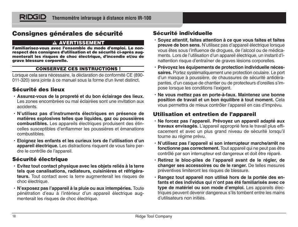 Consignes générales de sécurité | RIDGID micro IR-100 User Manual | Page 20 / 312