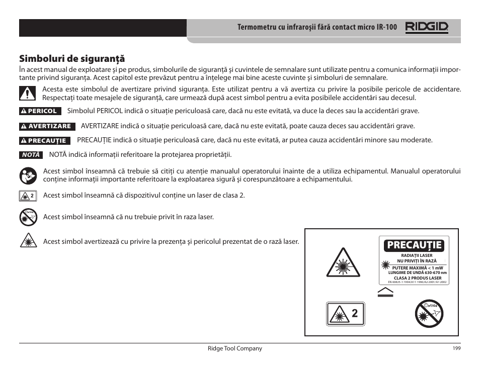 Precauţie, Simboluri de siguranţă | RIDGID micro IR-100 User Manual | Page 201 / 312