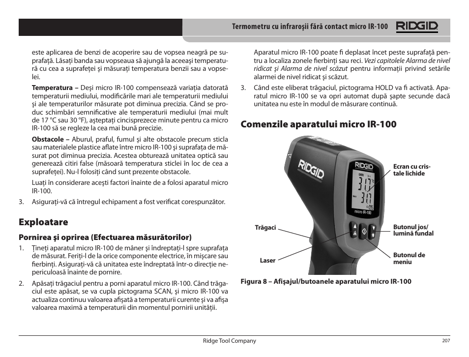 Exploatare, Comenzile aparatului micro ir­100 | RIDGID micro IR-100 User Manual | Page 209 / 312