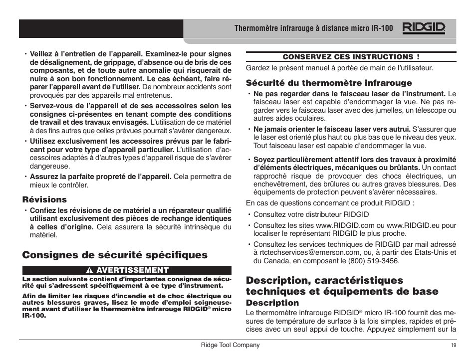 Consignes de sécurité spécifiques | RIDGID micro IR-100 User Manual | Page 21 / 312