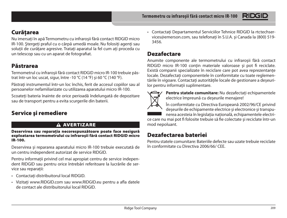 Curăţarea, Păstrarea, Service şi remediere | Dezafectare, Dezafectarea bateriei | RIDGID micro IR-100 User Manual | Page 211 / 312