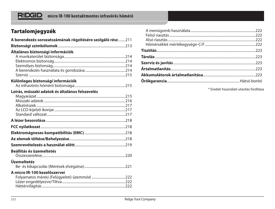 Tartalomjegyzék | RIDGID micro IR-100 User Manual | Page 214 / 312