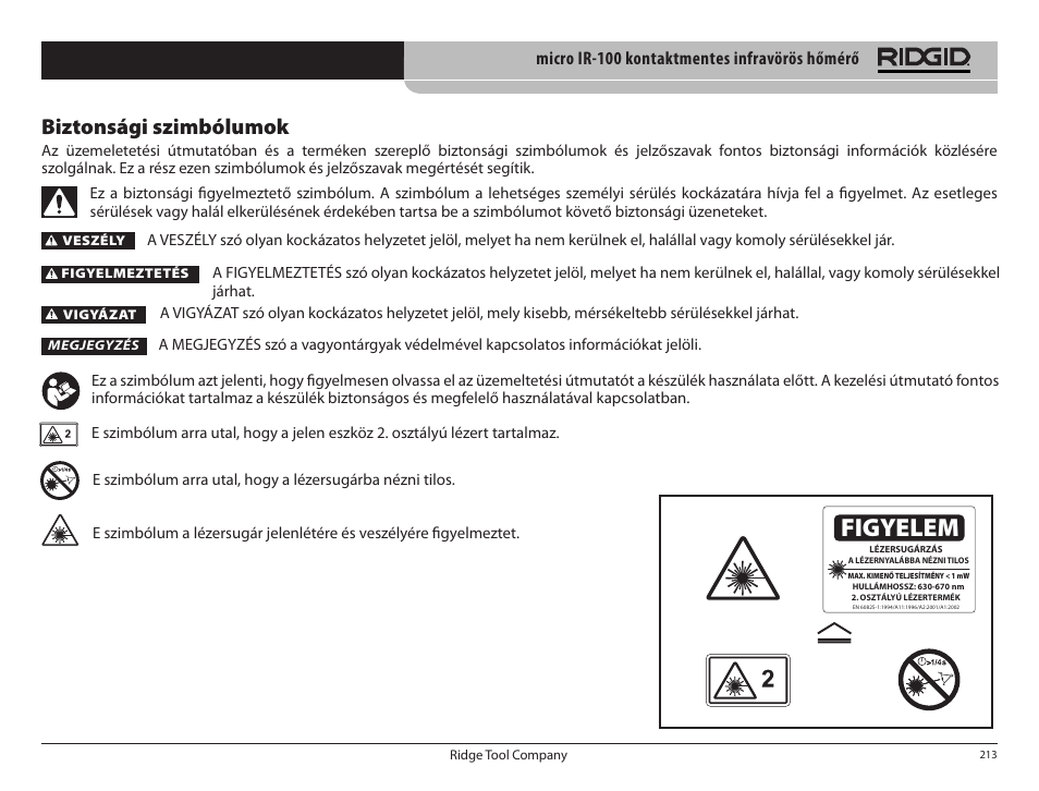 Figyelem, Biztonsági szimbólumok | RIDGID micro IR-100 User Manual | Page 215 / 312