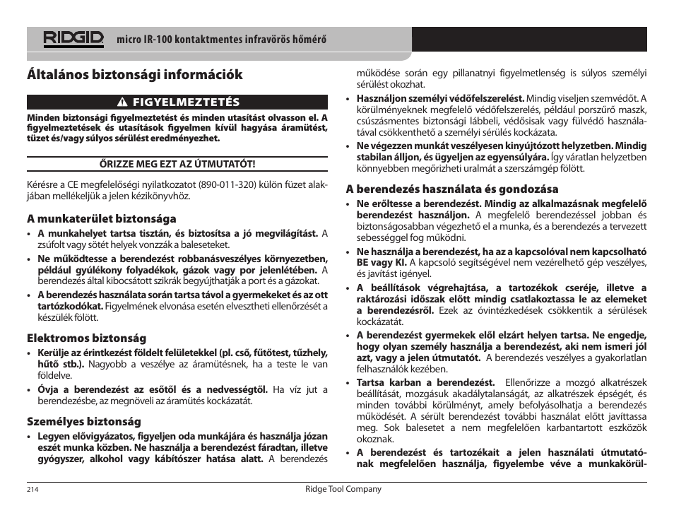 Általános biztonsági információk | RIDGID micro IR-100 User Manual | Page 216 / 312