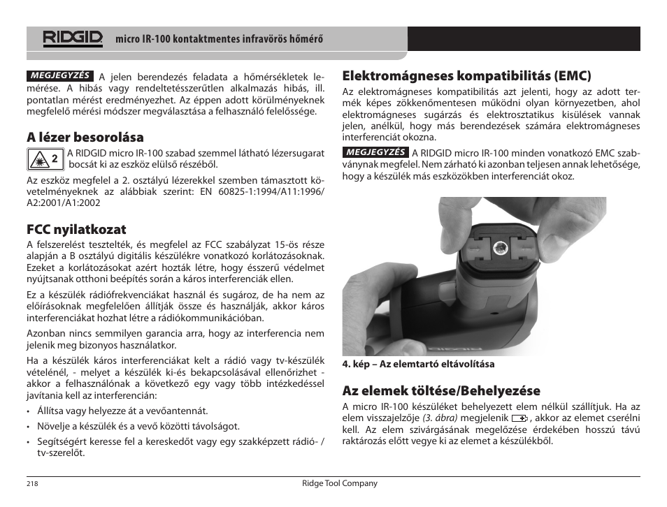A lézer besorolása, Fcc nyilatkozat, Elektromágneses kompatibilitás (emc) | Az elemek töltése/behelyezése | RIDGID micro IR-100 User Manual | Page 220 / 312