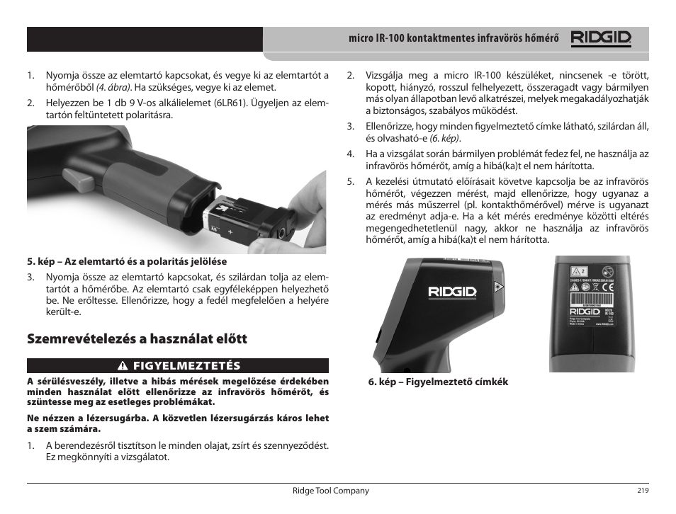 Szemrevételezés a használat előtt | RIDGID micro IR-100 User Manual | Page 221 / 312