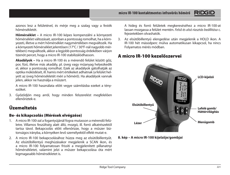 Üzemeltetés, A micro ir­100 kezelőszervei | RIDGID micro IR-100 User Manual | Page 223 / 312